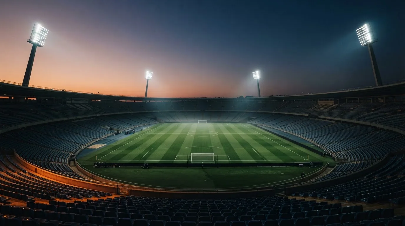 An empty football stadium with floodlight masts at dusk