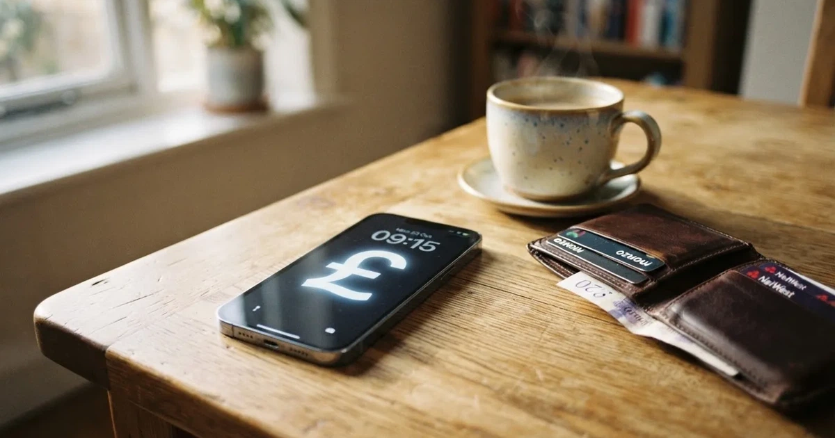 A smartphone on a wooden table beside a wallet and a coffee cup