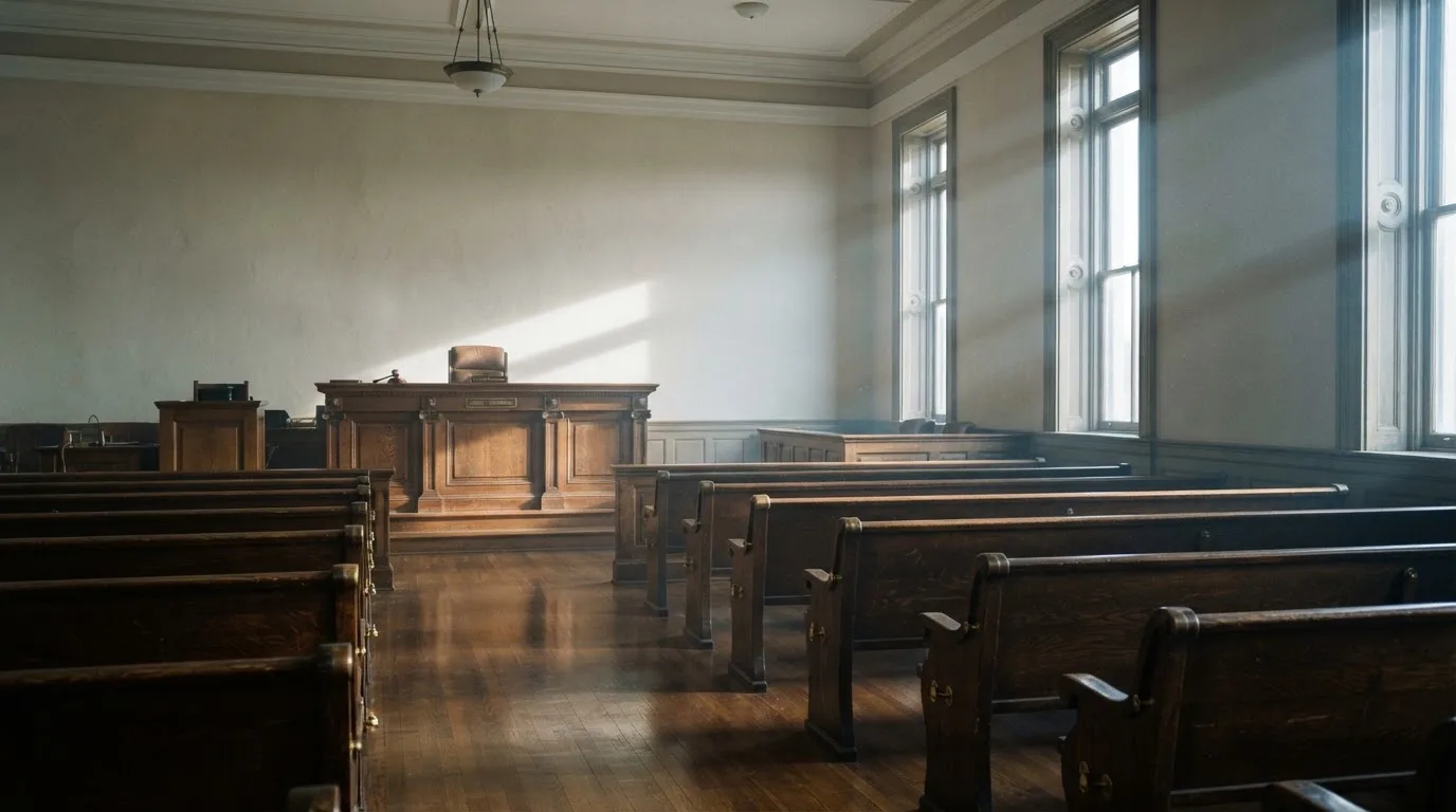 An empty courtroom with wooden benches in morning light