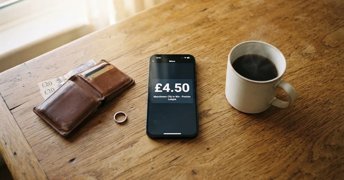A smartphone on a wooden table beside a wallet and a coffee cup