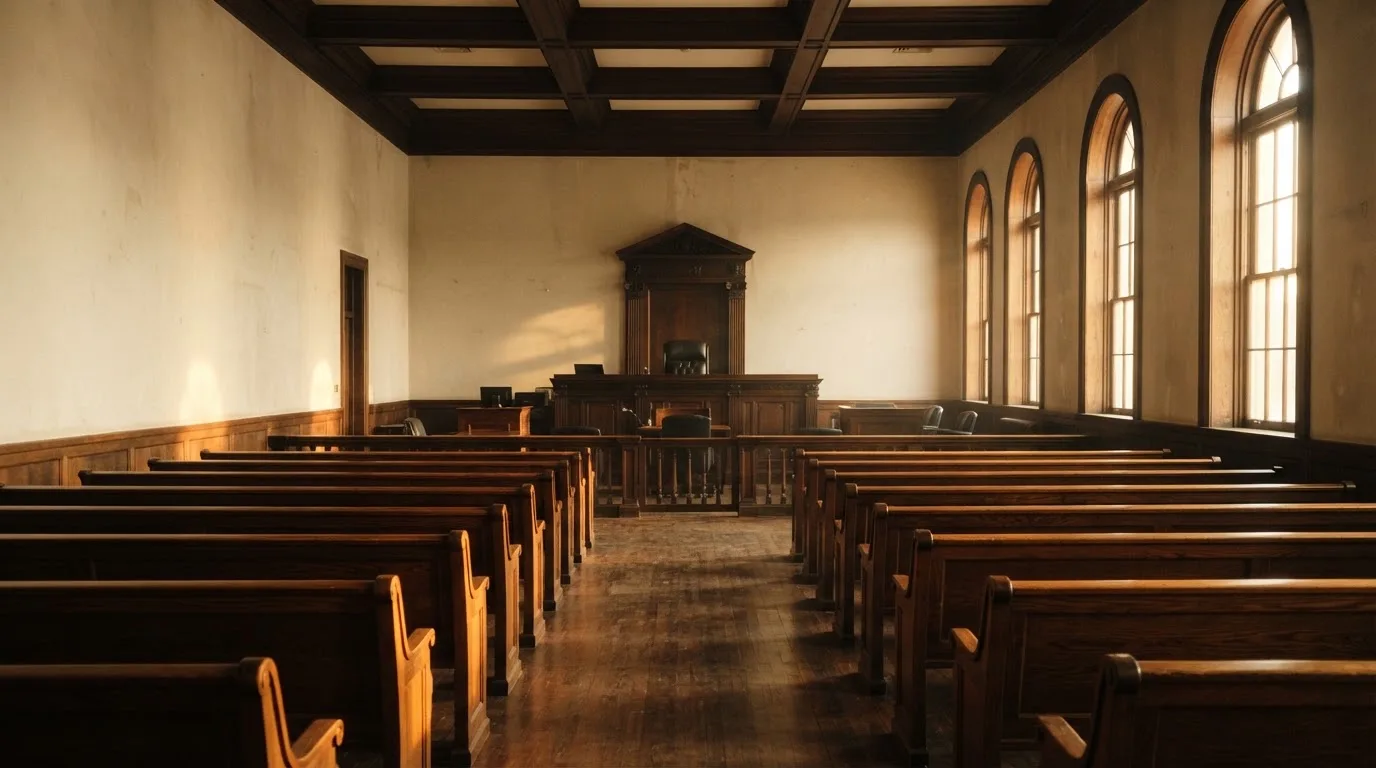 An empty courtroom with wooden benches in morning light