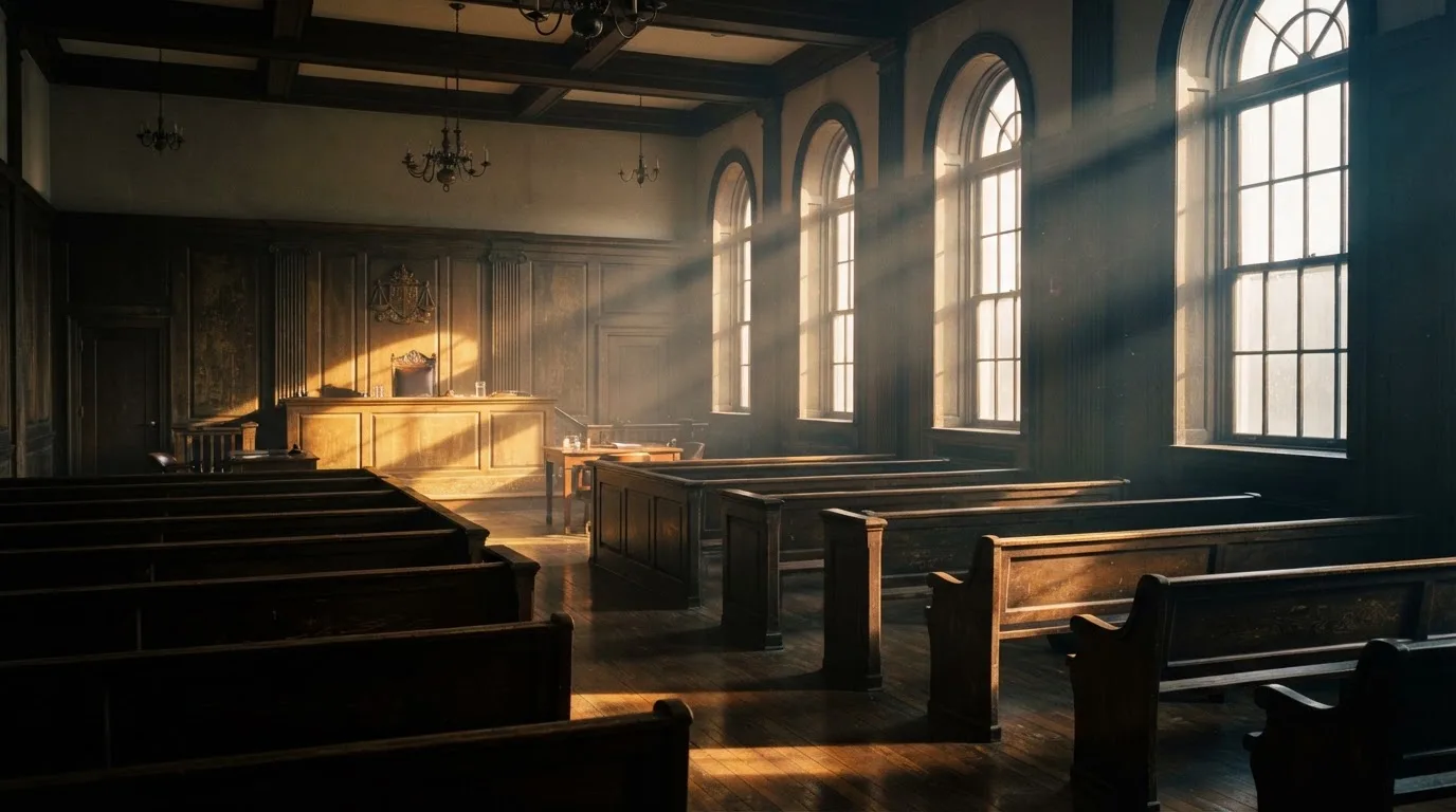 An empty courtroom with wooden benches in morning light
