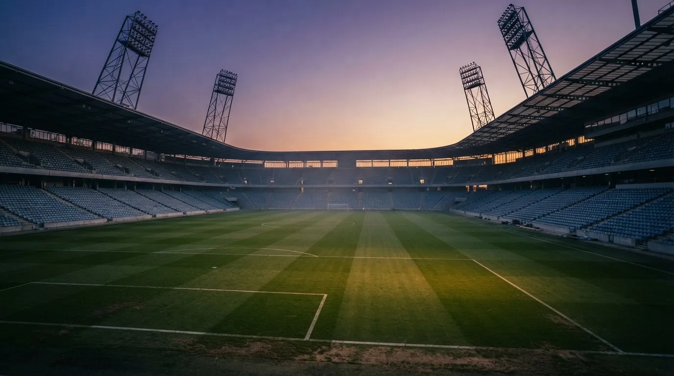 An empty football stadium with floodlight masts at dusk