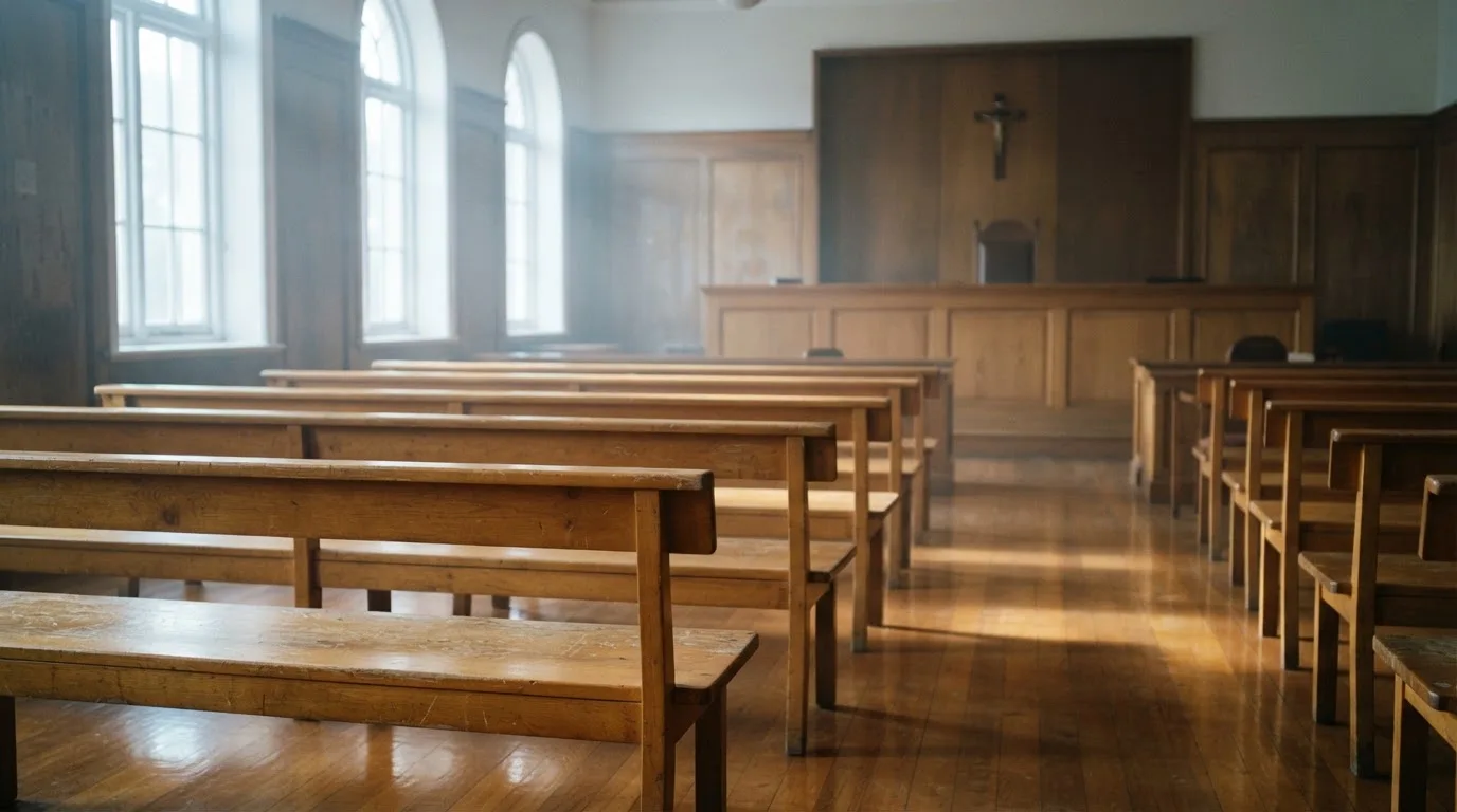 An empty courtroom with wooden benches in morning light