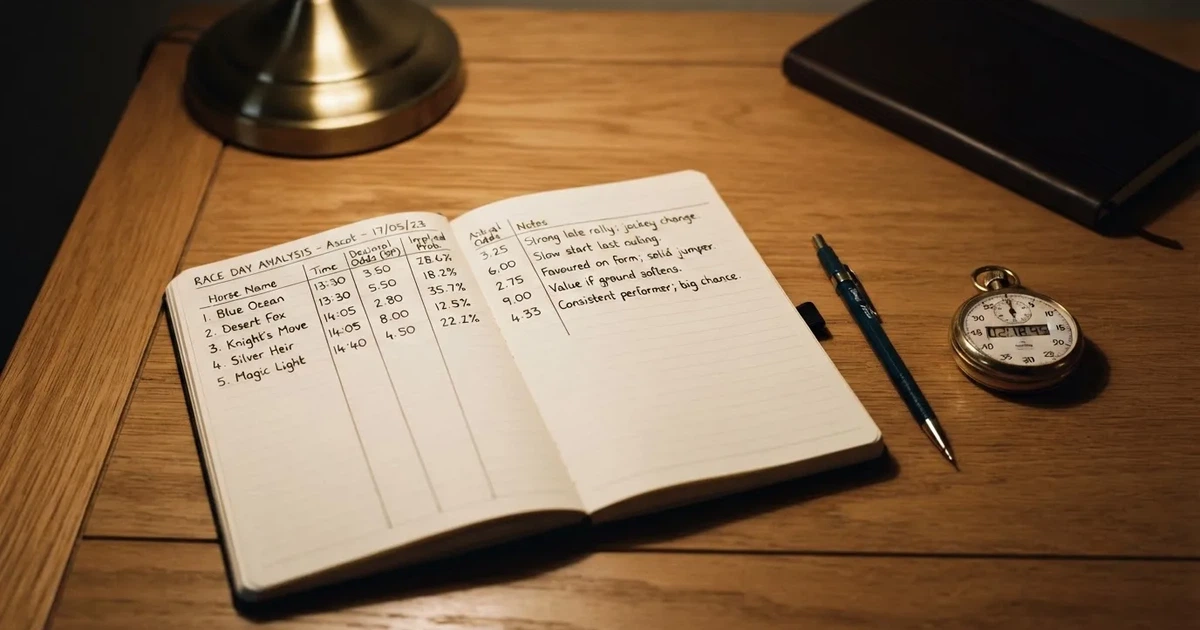 An open notebook with a pencil and a stopwatch on a wooden table