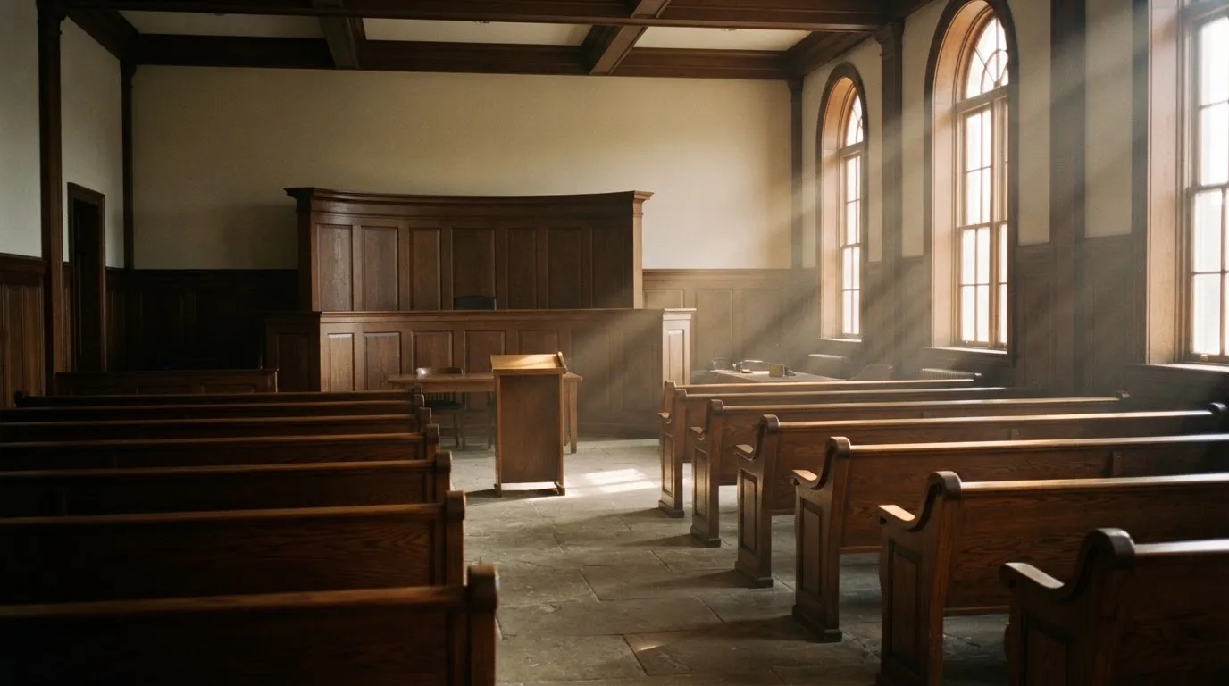 An empty courtroom with wooden benches in morning light