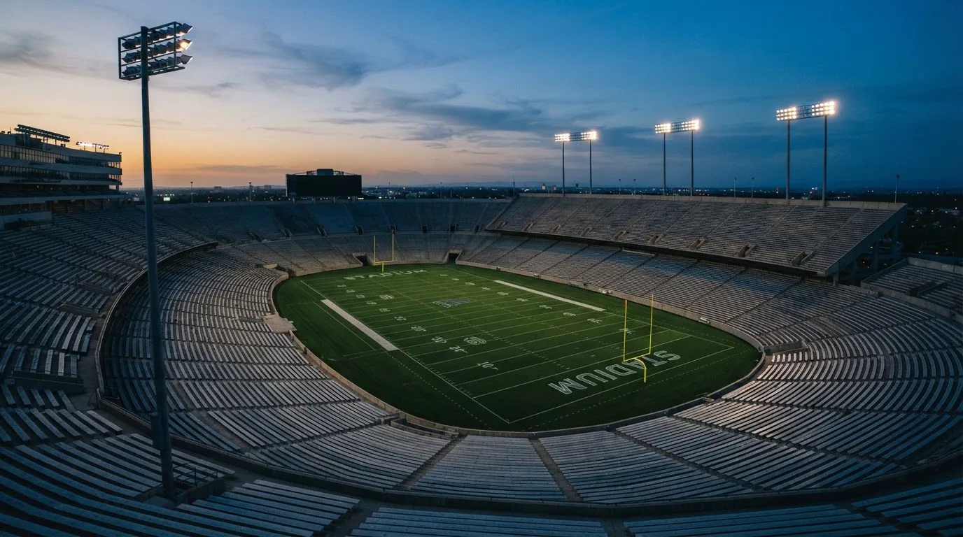 An empty football stadium with floodlight masts at dusk