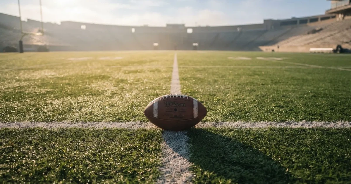 A ball on the centre spot of a grass pitch in morning light