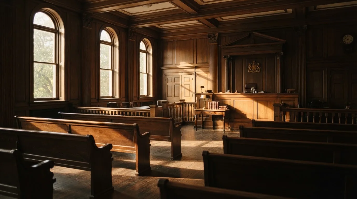 An empty courtroom with wooden benches in morning light