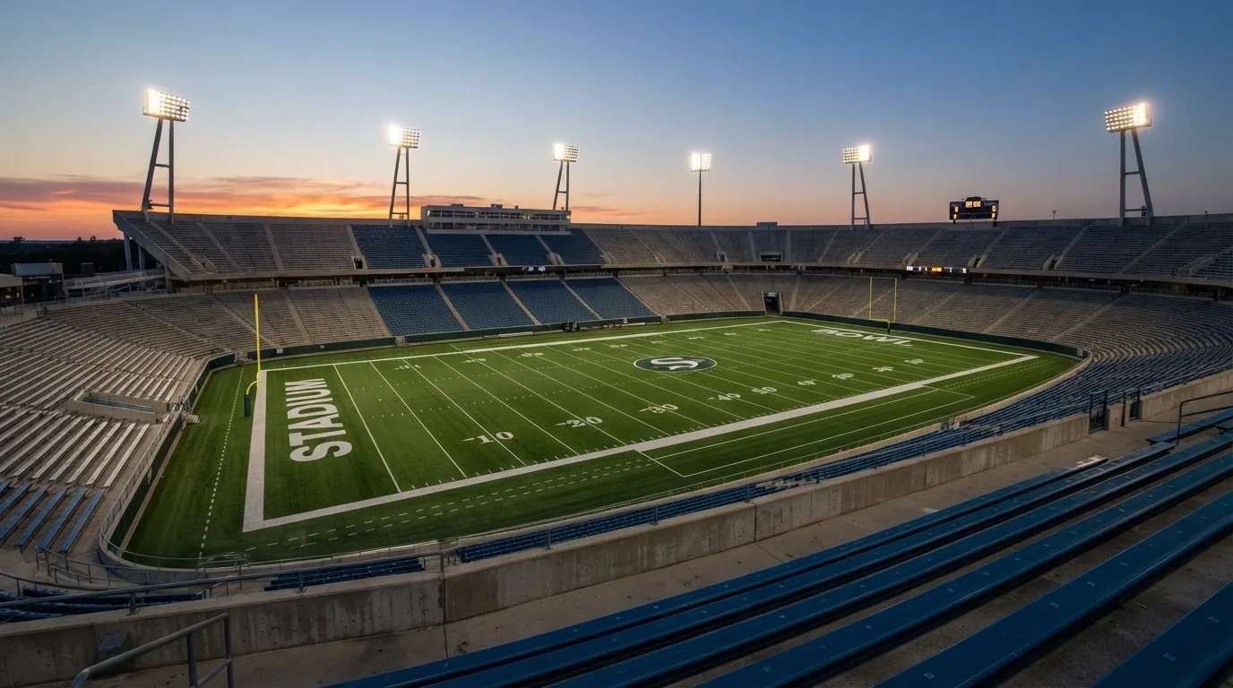 An empty football stadium with floodlight masts at dusk