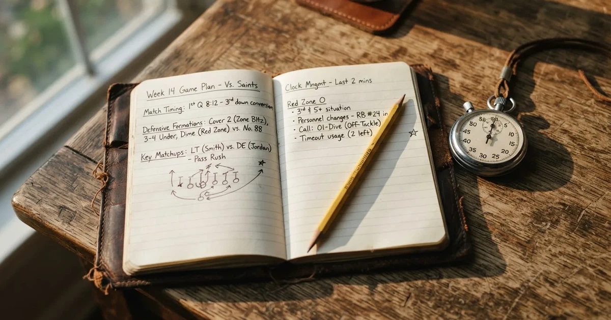 An open notebook with a pencil and a stopwatch on a wooden table
