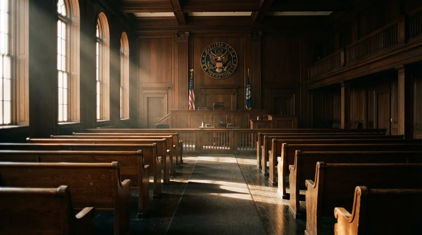 An empty courtroom with wooden benches in morning light
