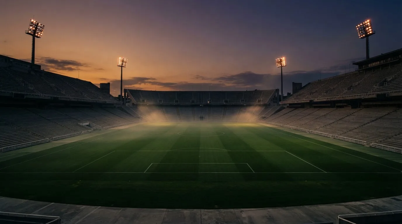 An empty football stadium with floodlight masts at dusk