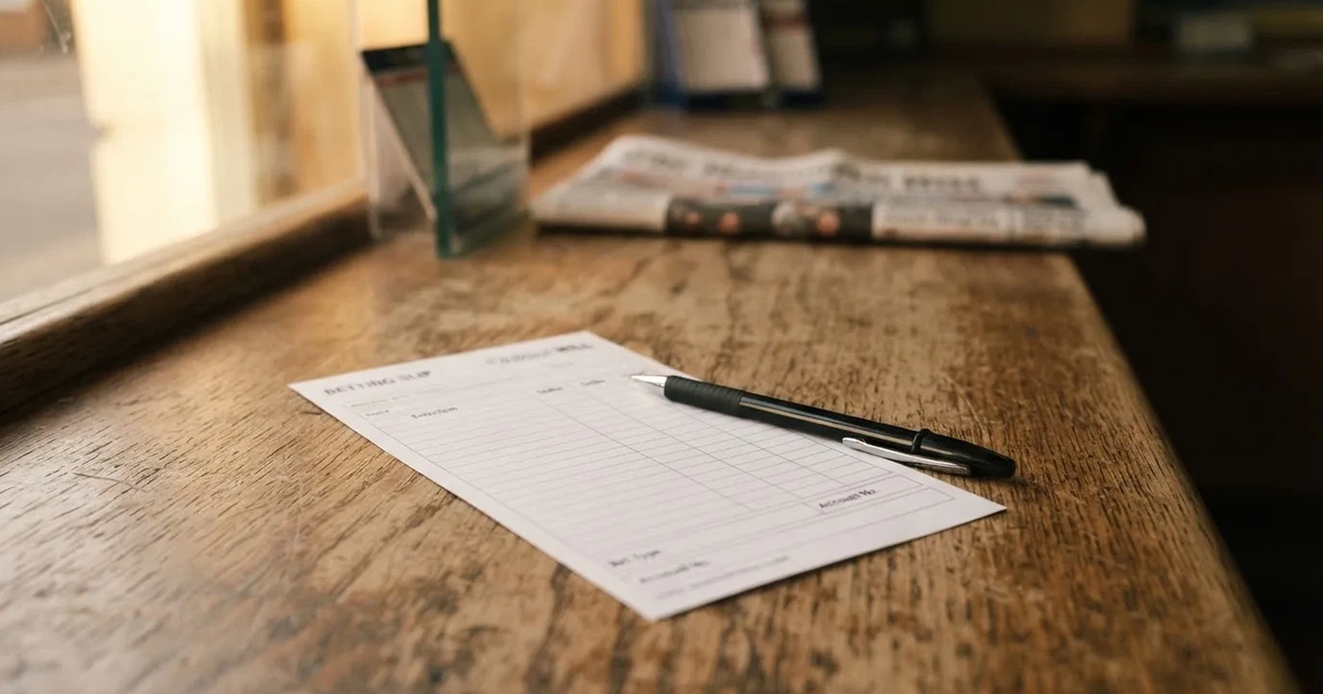 A blank paper betting slip beside a pen on a wooden counter