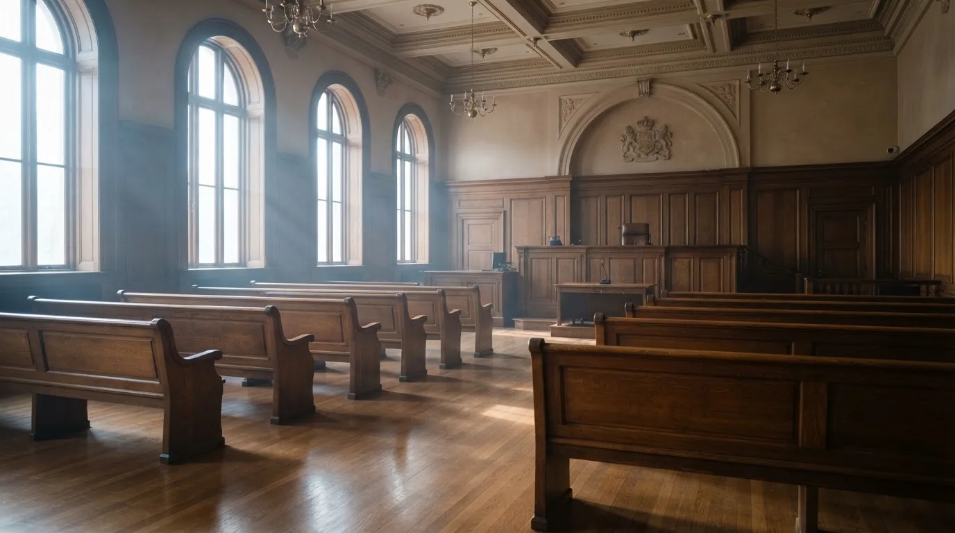 An empty courtroom with wooden benches in morning light