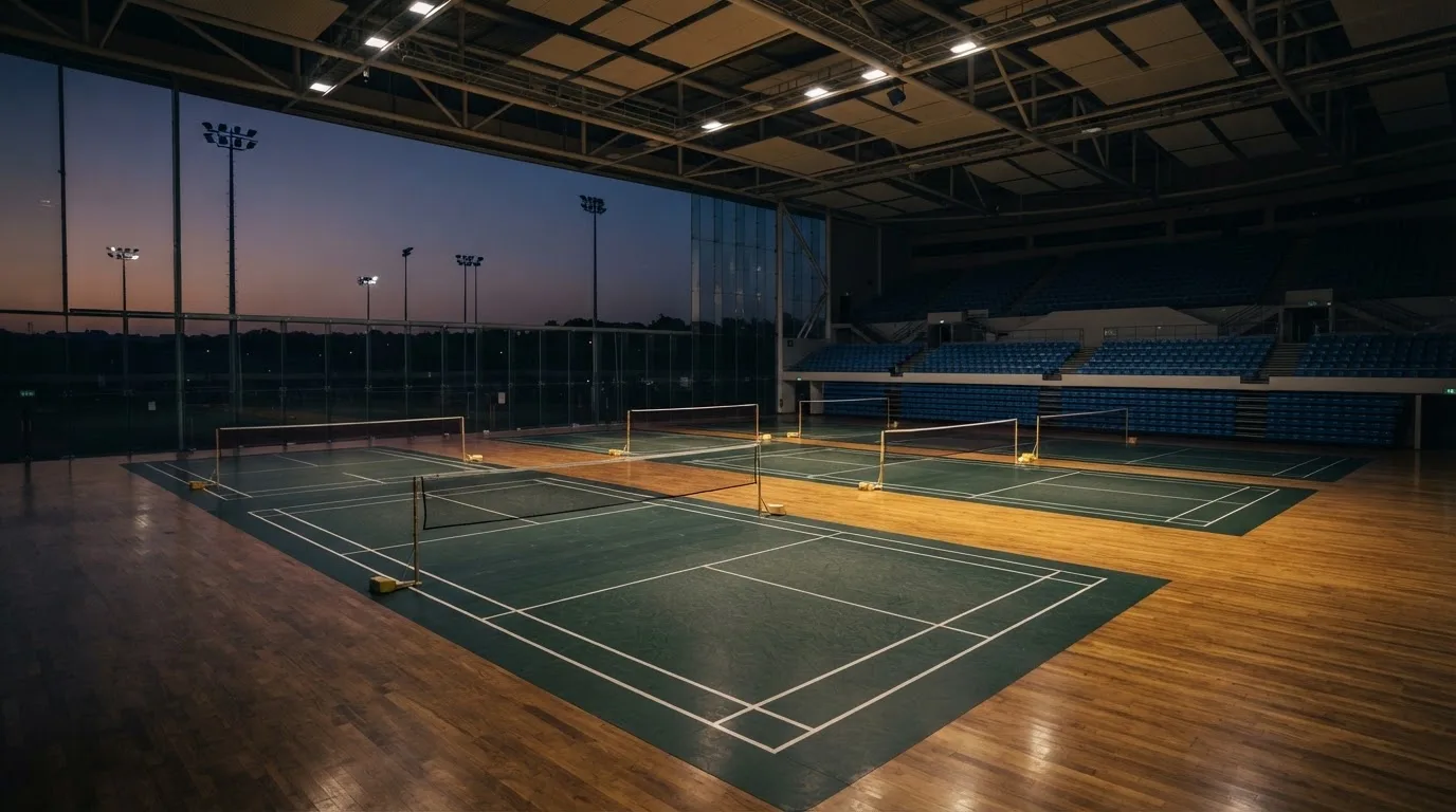 An empty football stadium with floodlight masts at dusk