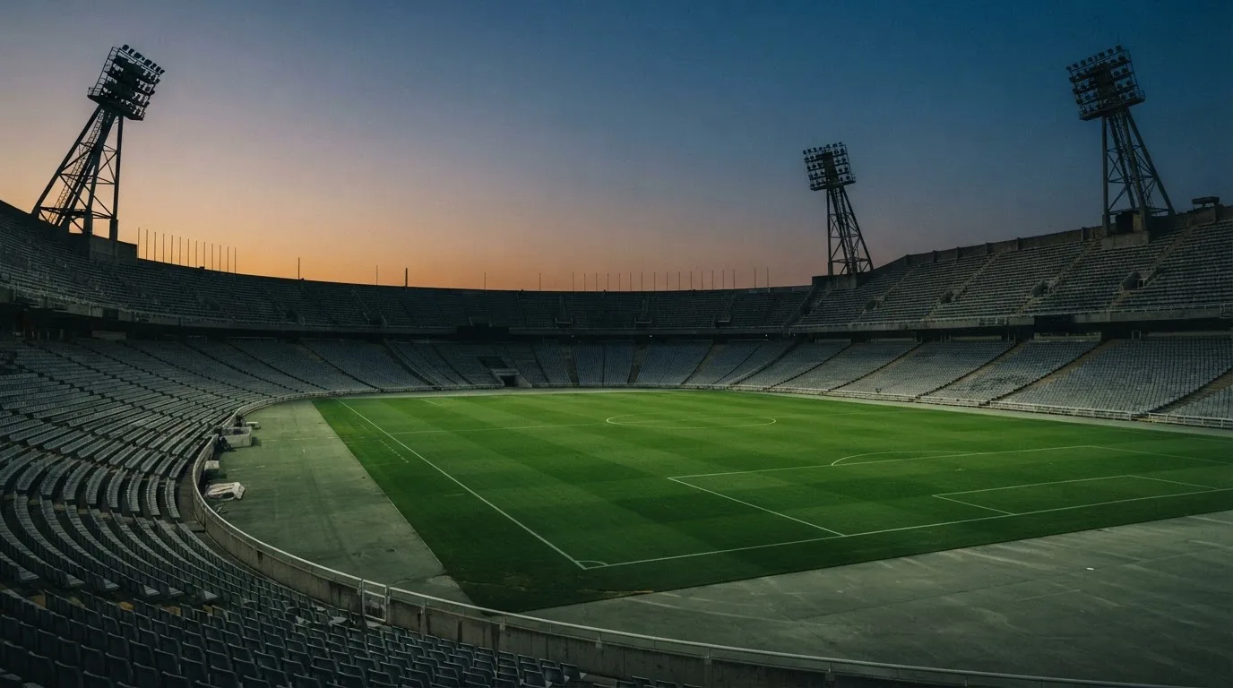 An empty football stadium with floodlight masts at dusk