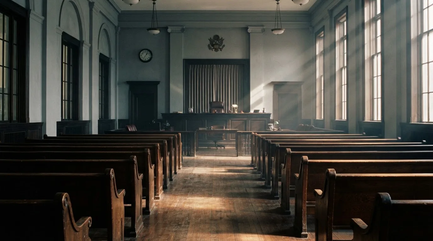 An empty courtroom with wooden benches in morning light