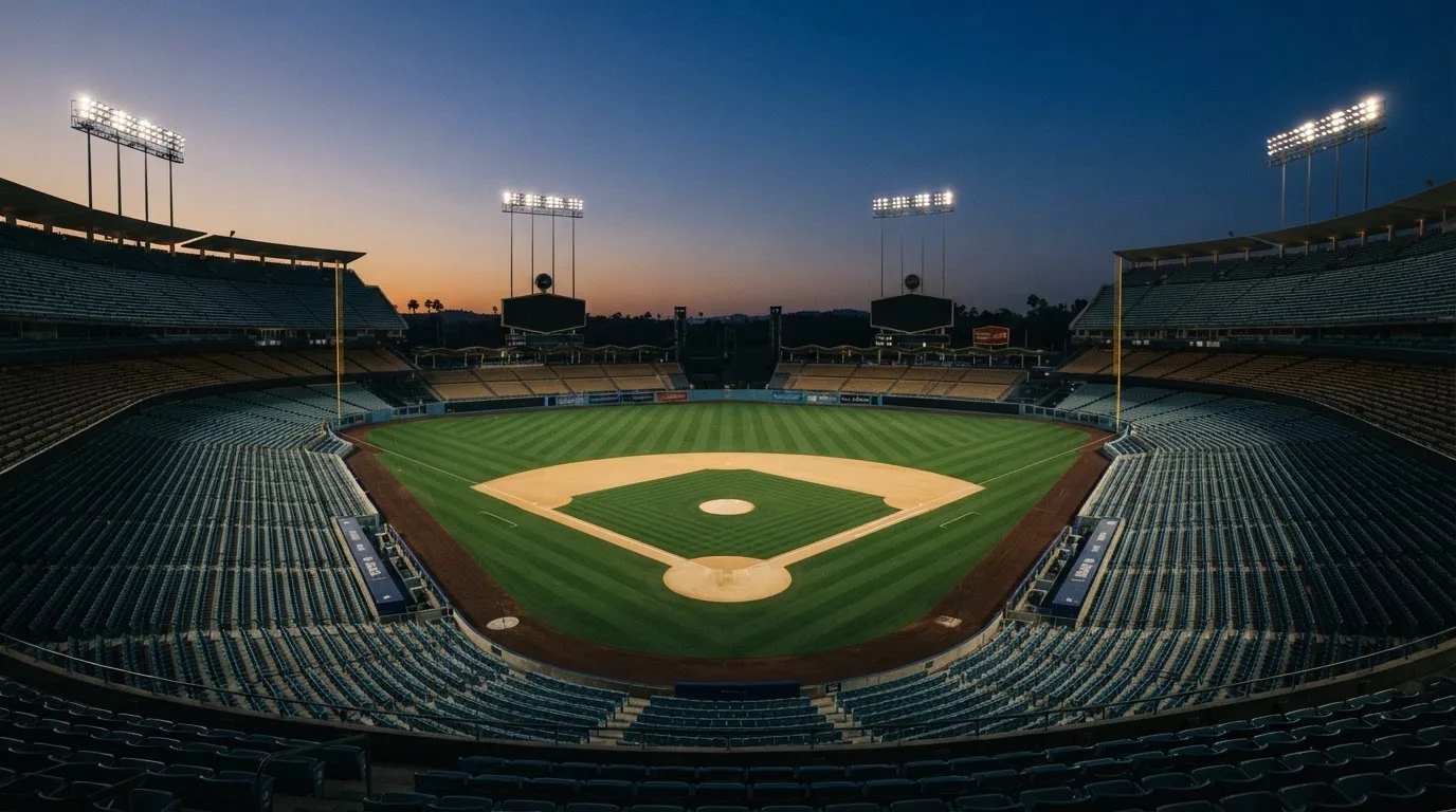 An empty football stadium with floodlight masts at dusk