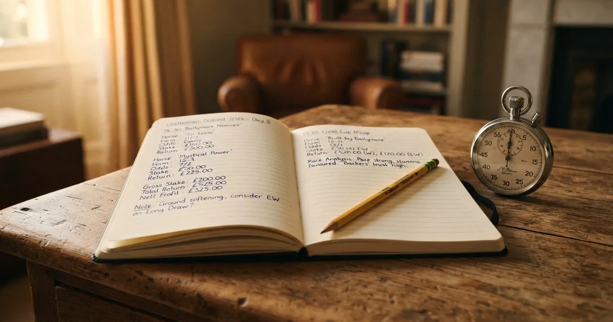 An open notebook with a pencil and a stopwatch on a wooden table