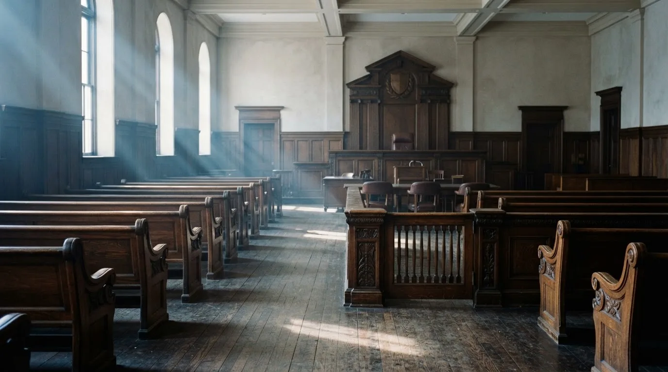 An empty courtroom with wooden benches in morning light
