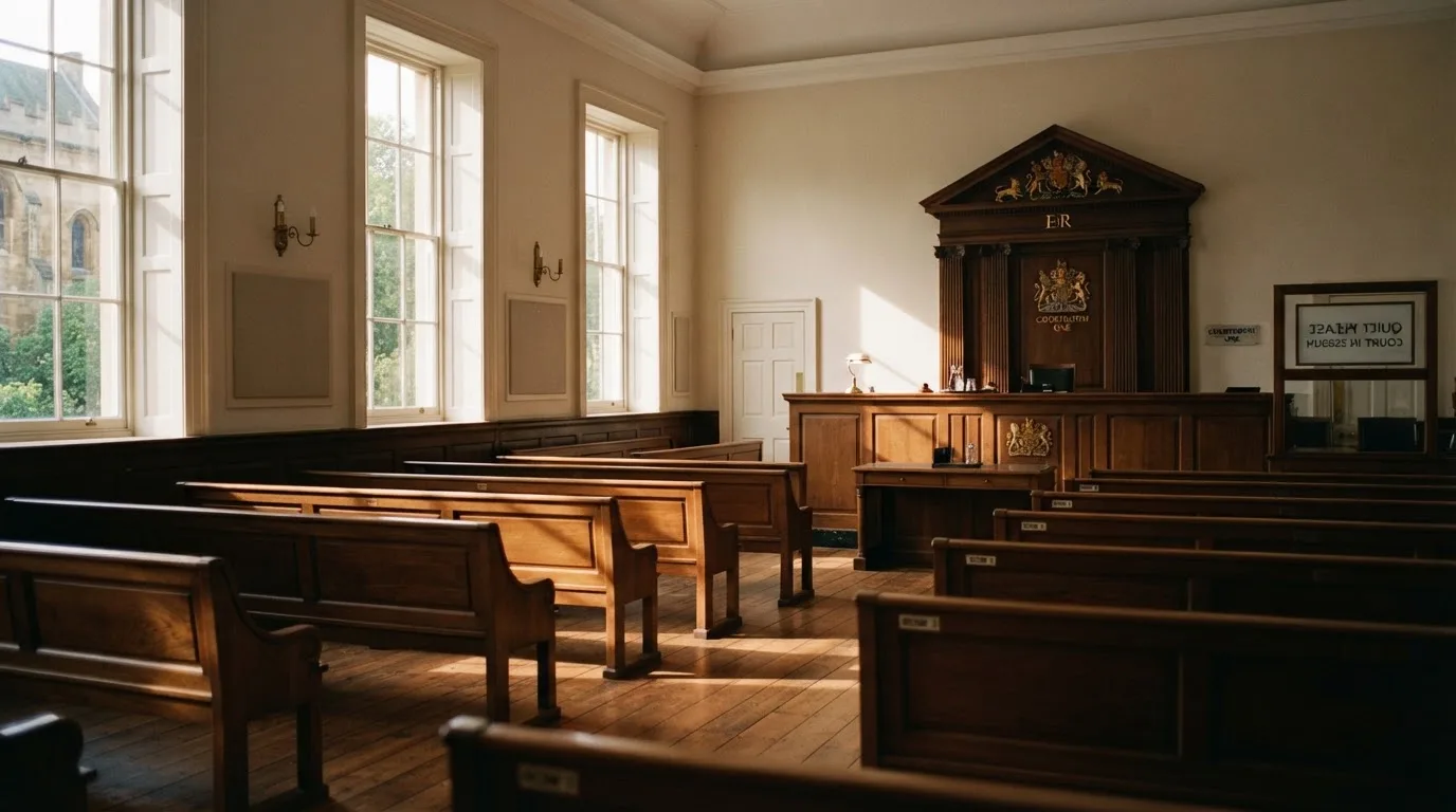 An empty courtroom with wooden benches in morning light