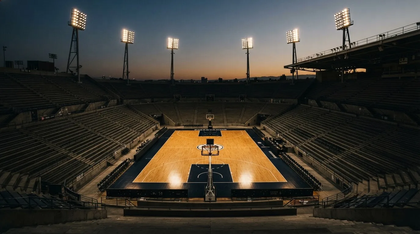 An empty football stadium with floodlight masts at dusk