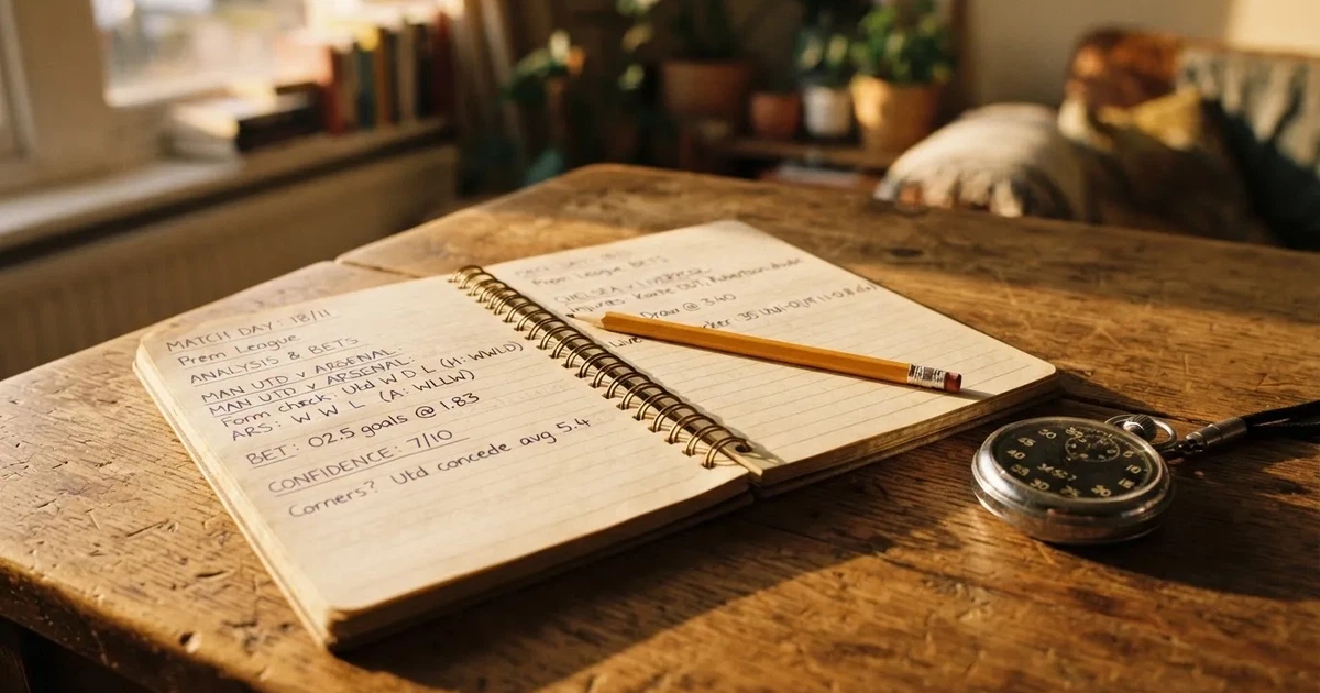 An open notebook with a pencil and a stopwatch on a wooden table