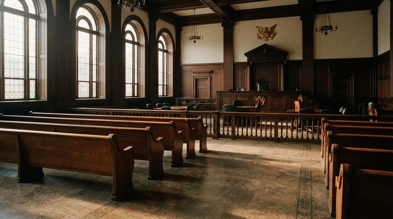 An empty courtroom with wooden benches in morning light