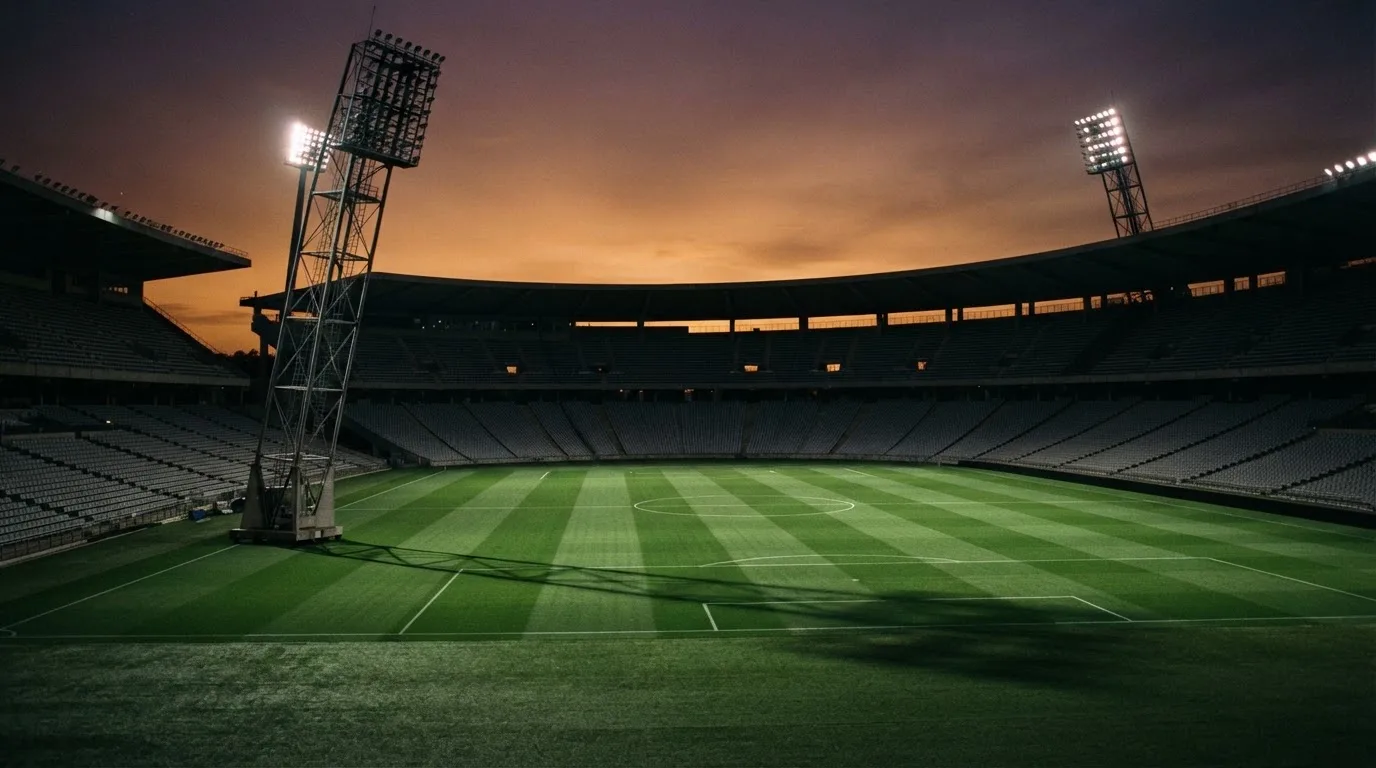 An empty football stadium with floodlight masts at dusk