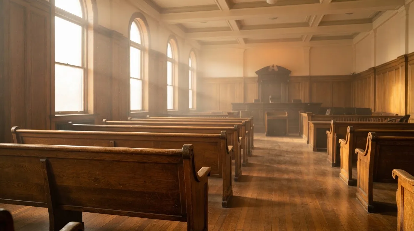 An empty courtroom with wooden benches in morning light