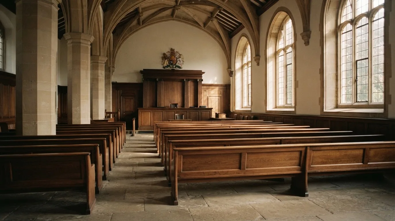 An empty courtroom with wooden benches in morning light