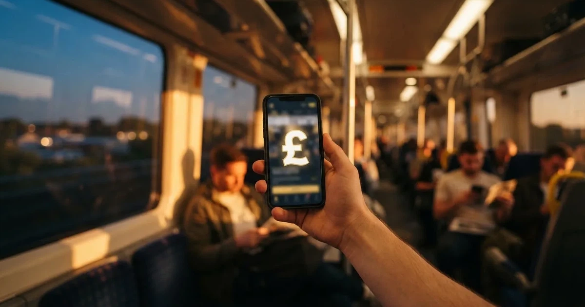 A hand holding a smartphone on a train in the evening, screen turned away