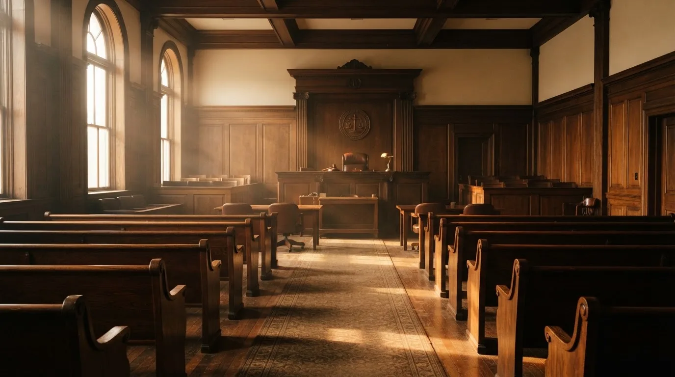 An empty courtroom with wooden benches in morning light