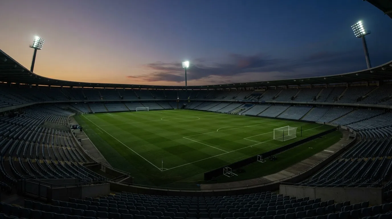 An empty football stadium with floodlight masts at dusk