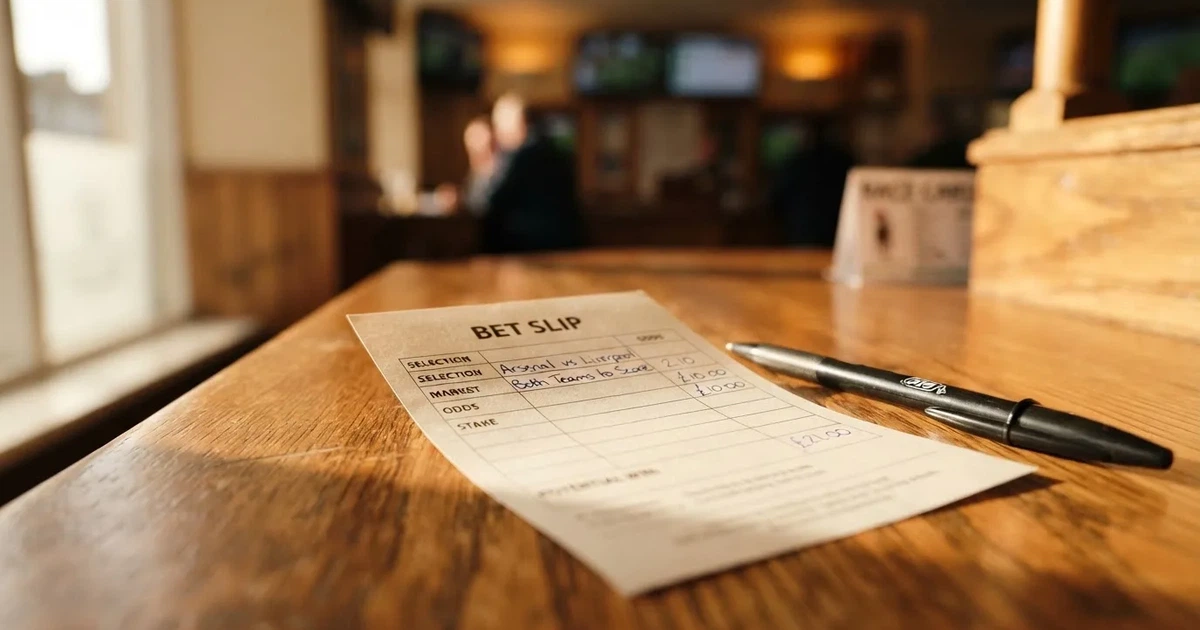 A blank paper betting slip beside a pen on a wooden counter
