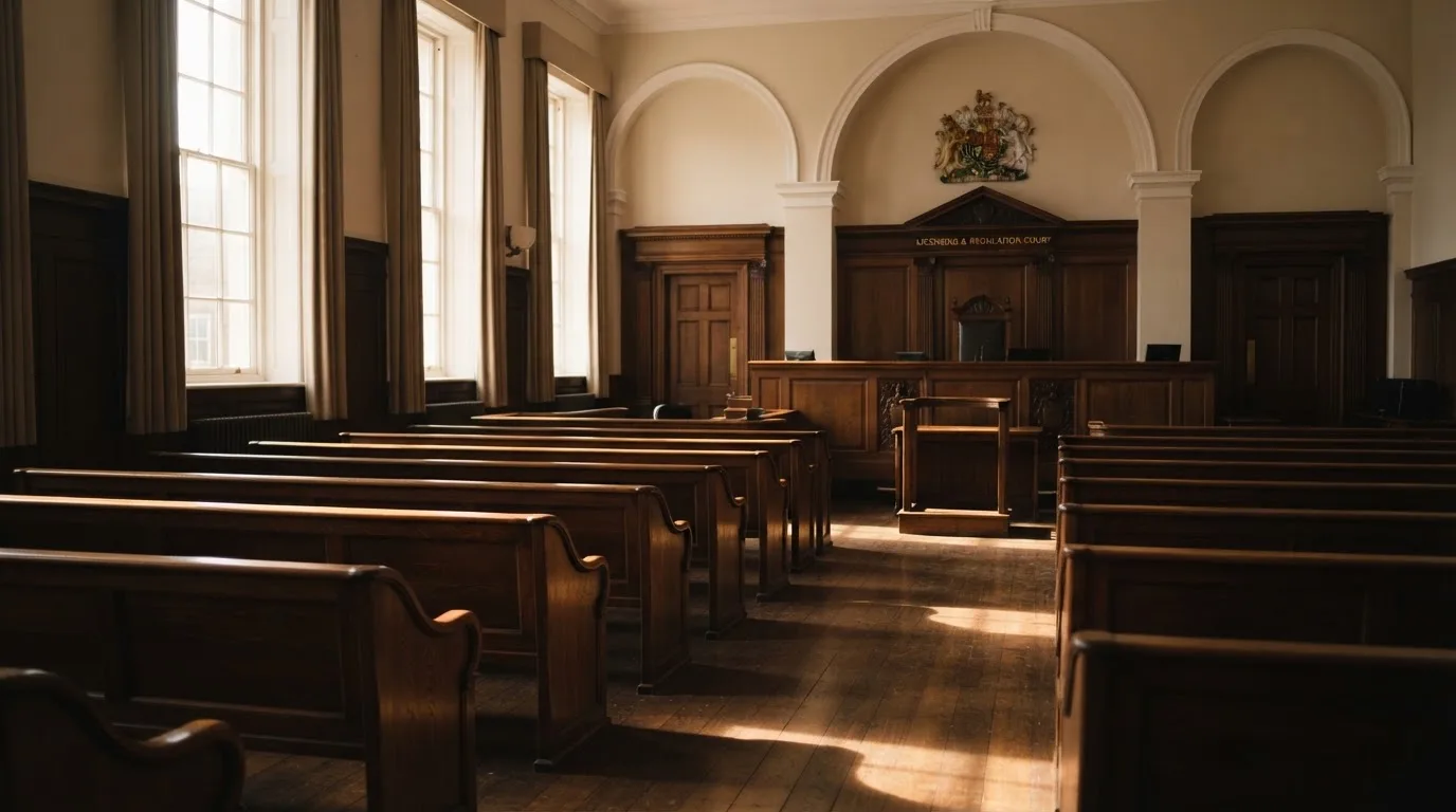 An empty courtroom with wooden benches in morning light