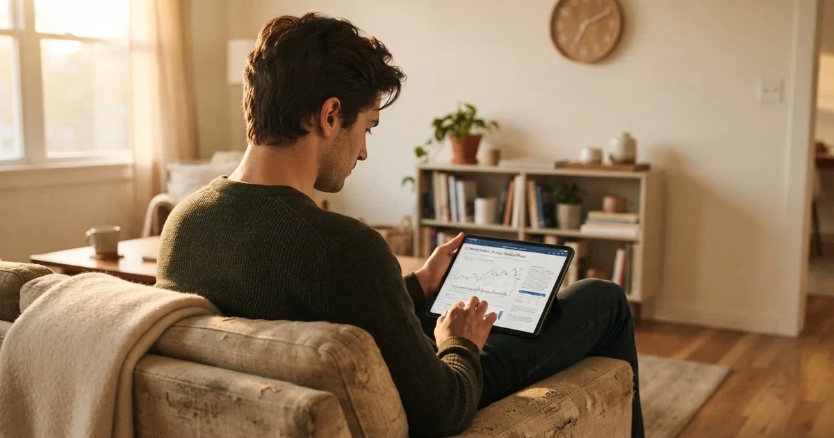A person on a sofa looking thoughtfully at a tablet, a wall clock in the background