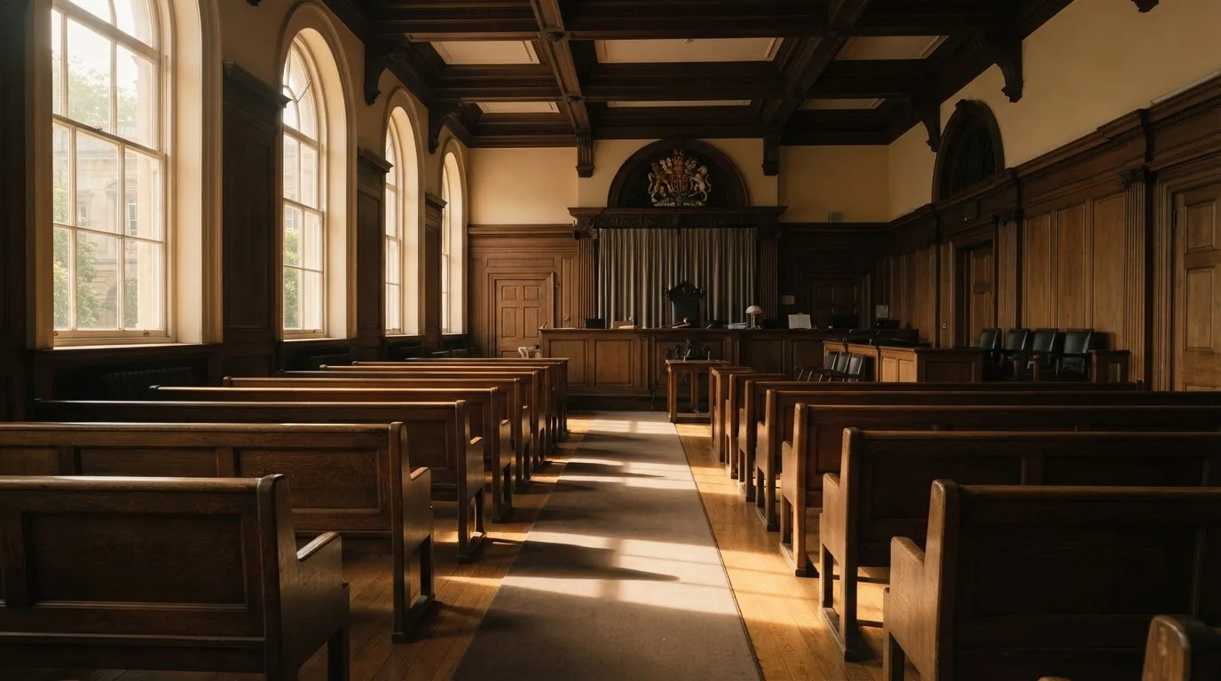 An empty courtroom with wooden benches in morning light