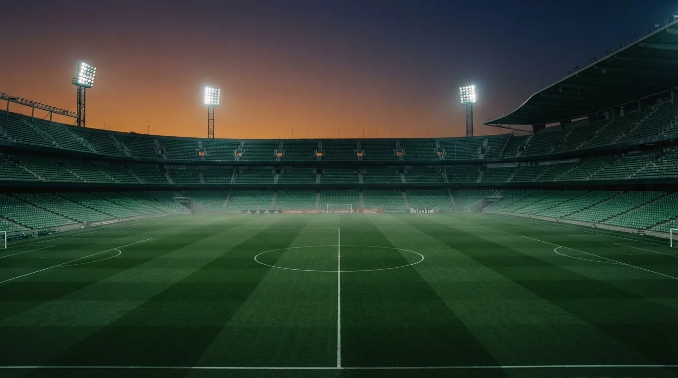 An empty football stadium with floodlight masts at dusk