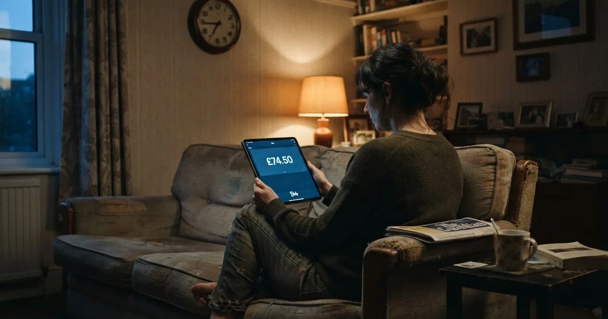 A person on a sofa looking thoughtfully at a tablet, a wall clock in the background