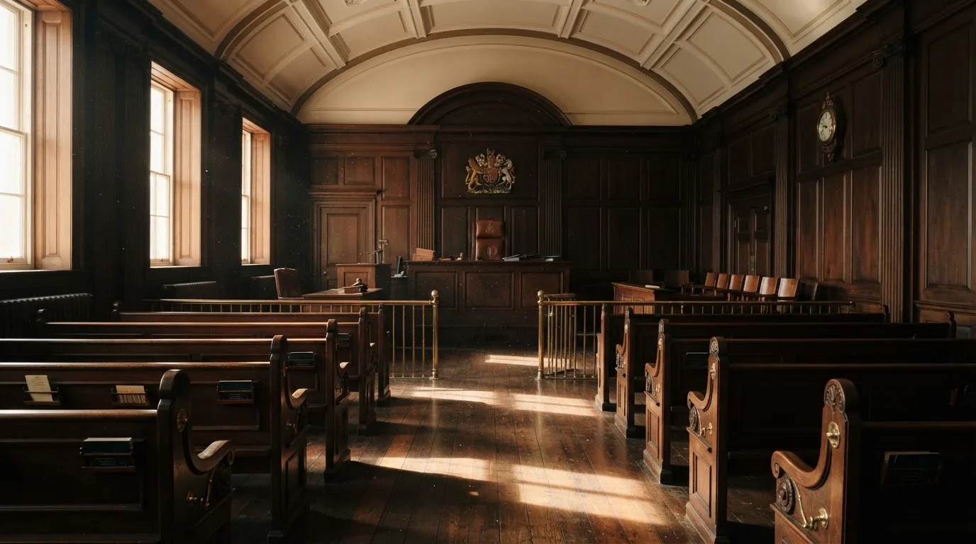 An empty courtroom with wooden benches in morning light