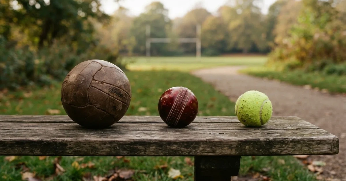 Three balls of different kinds side by side on a wooden bench