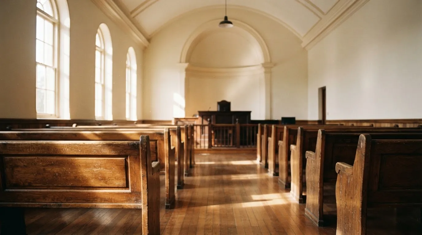 An empty courtroom with wooden benches in morning light