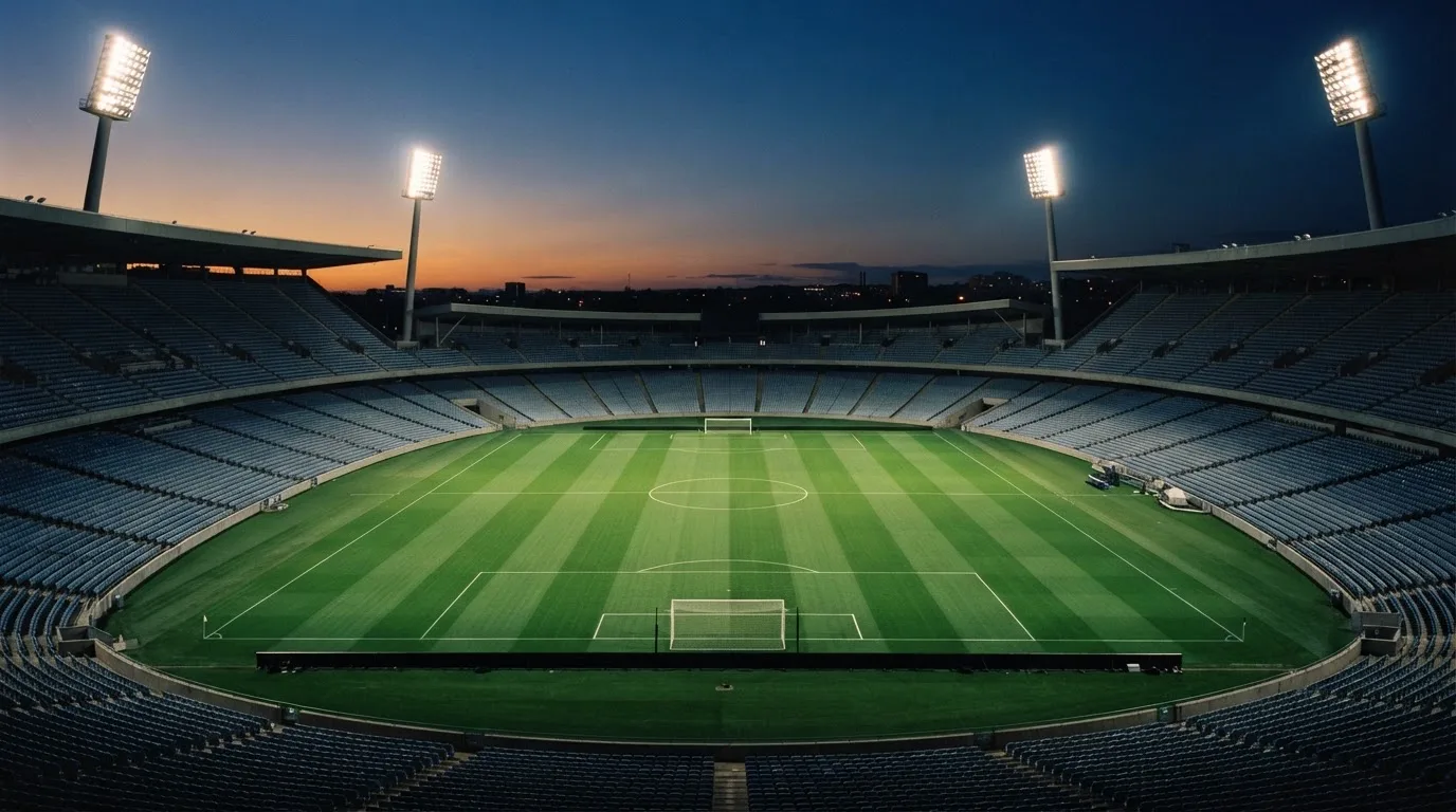 An empty football stadium with floodlight masts at dusk