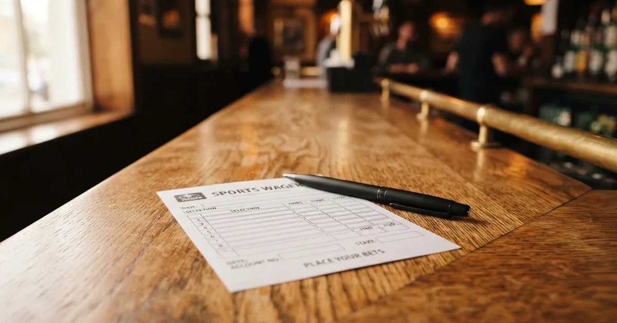 A blank paper betting slip beside a pen on a wooden counter
