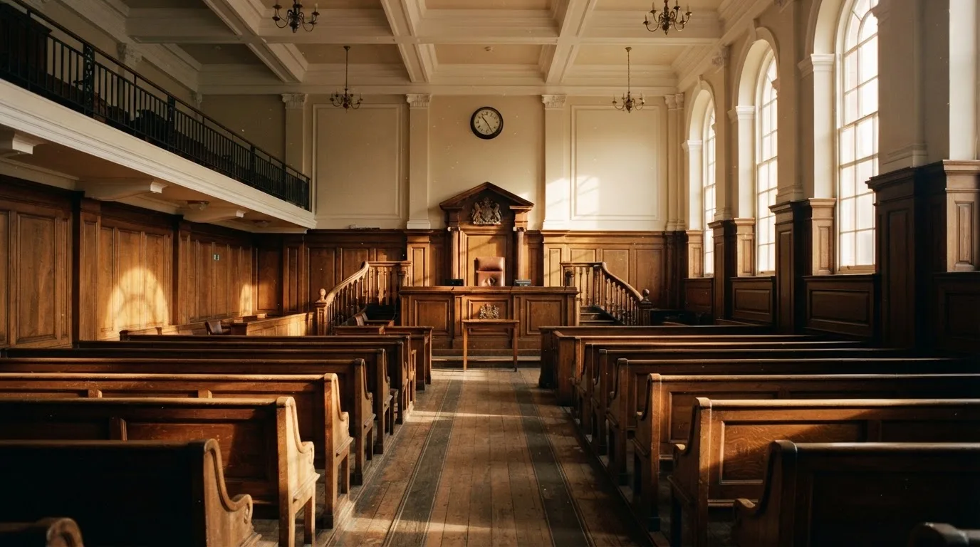 An empty courtroom with wooden benches in morning light