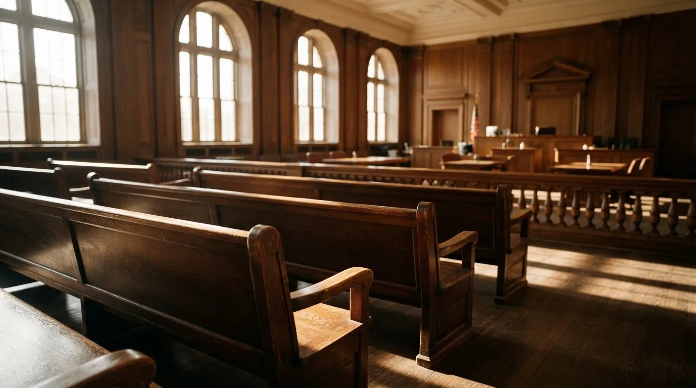 An empty courtroom with wooden benches in morning light