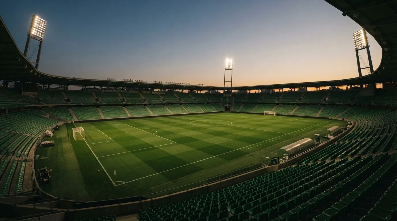 An empty football stadium with floodlight masts at dusk