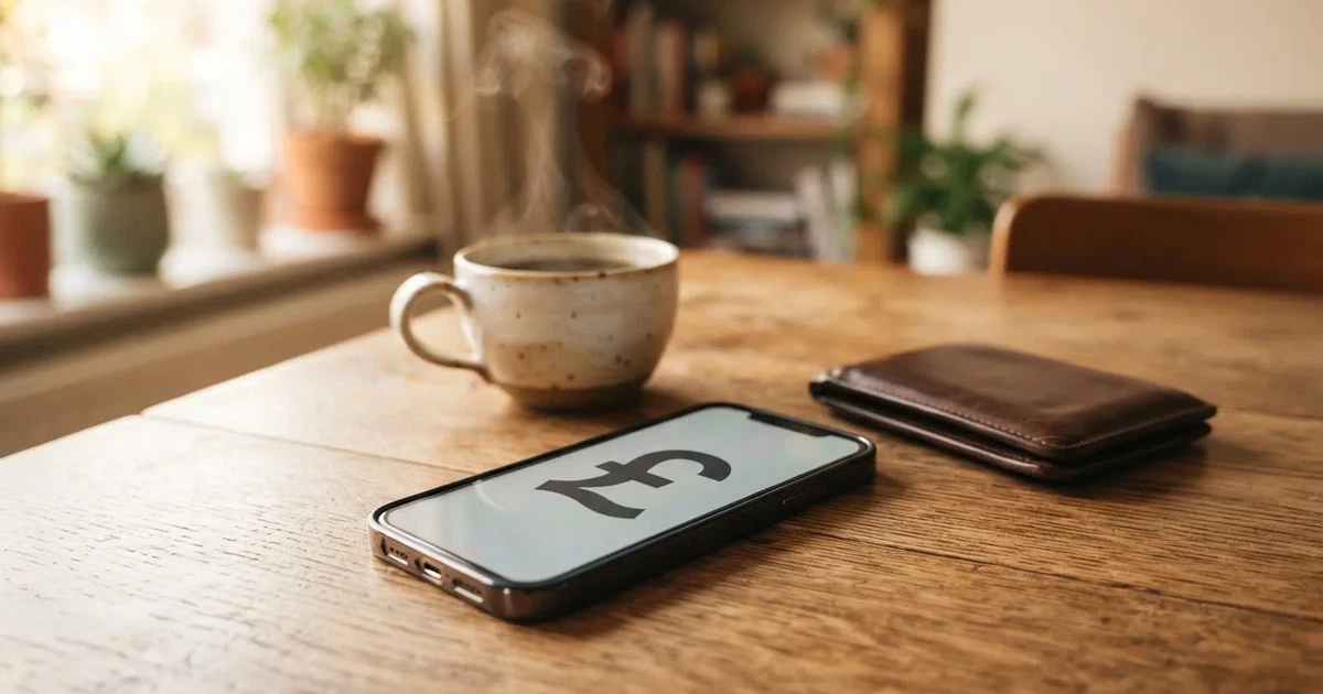 A smartphone on a wooden table beside a wallet and a coffee cup